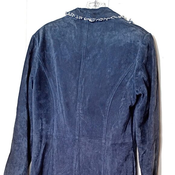 VTG Wilsons Leather Maxima Navy Blue Fringe Trench Coat Womens Medium Y2K 90s - Picture 6 of 7